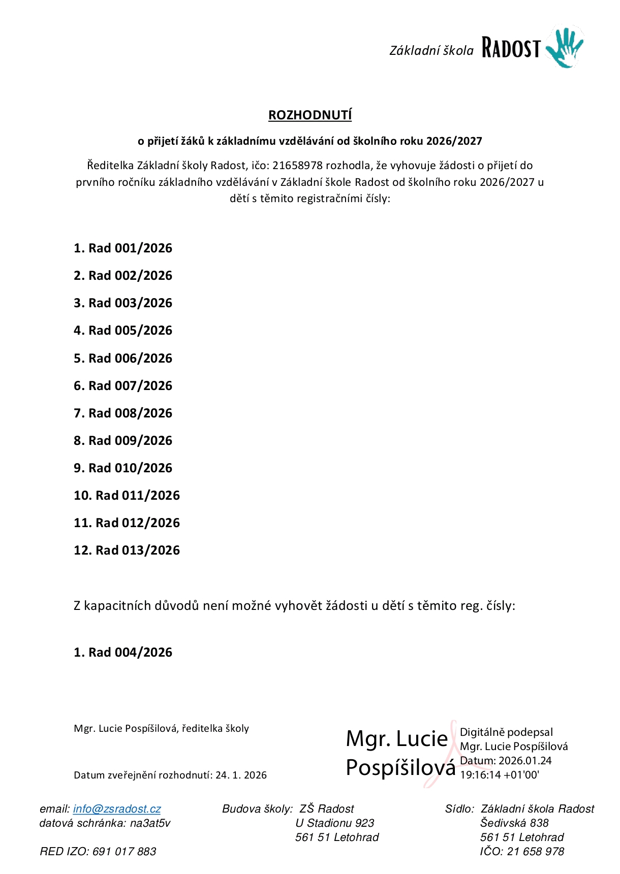 Rozhodnutí o přijetí žáků do 1. ročníku pro školní rok 2026/2027